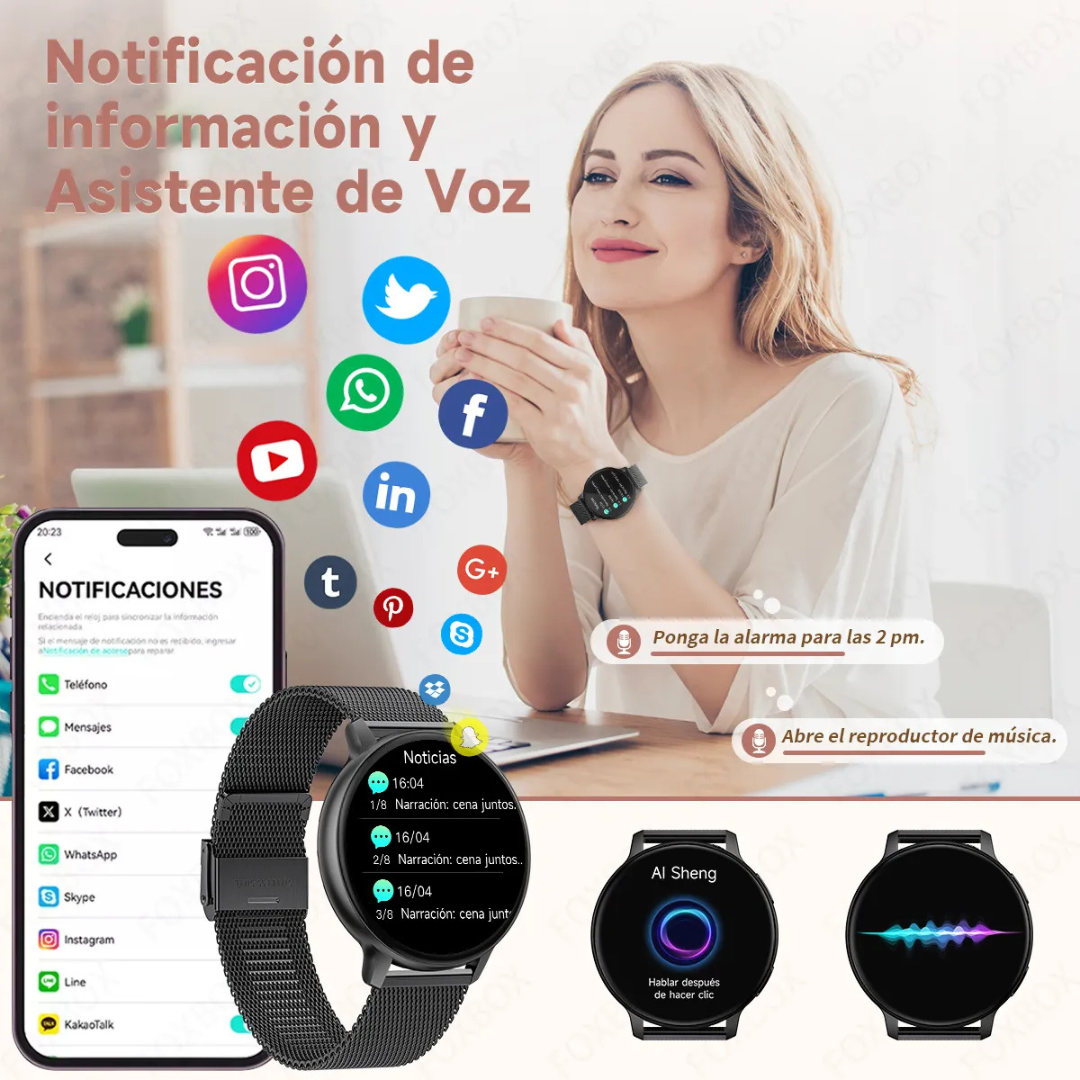 Smart watch con correa de malla de acero inoxidable tejida