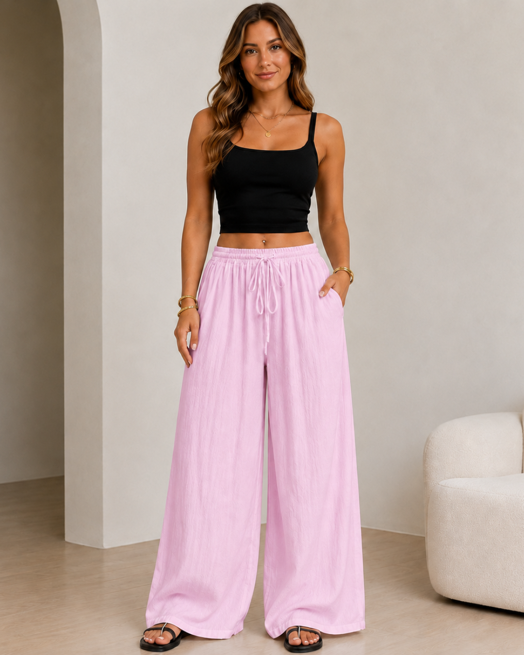 Pantalón Amplio Fluido con Cintura Ajustable