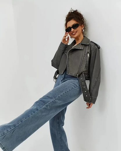 Chaqueta casual de mujer en piel sintética con cinturón ajustable