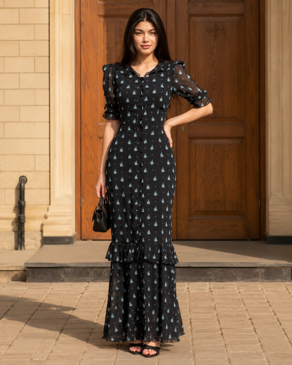 Vestido Largo Estampado con Volantes
