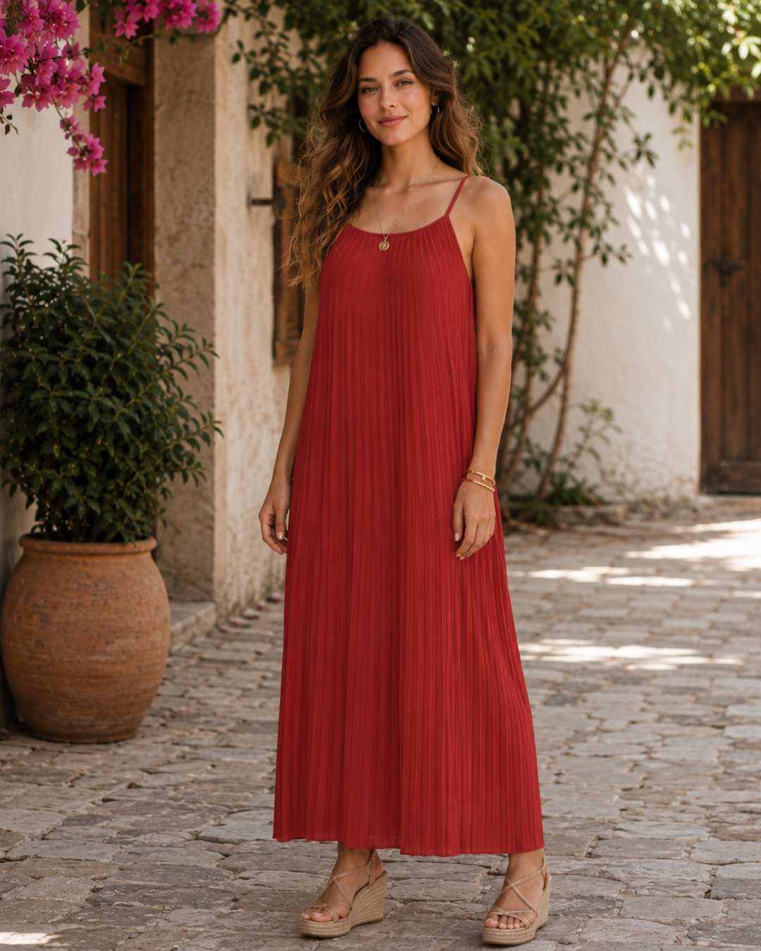 Vestido Largo Plisado de Tirantes