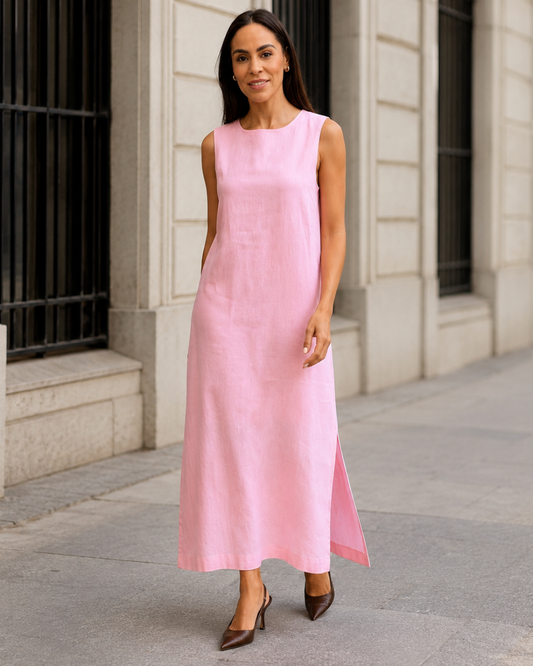 Vestido Largo de Lino con Abertura Lateral