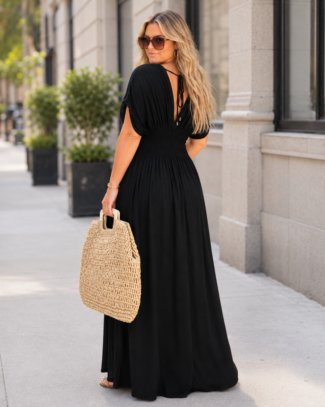 Vestido Maxi Fluido con Cintura Fruncida