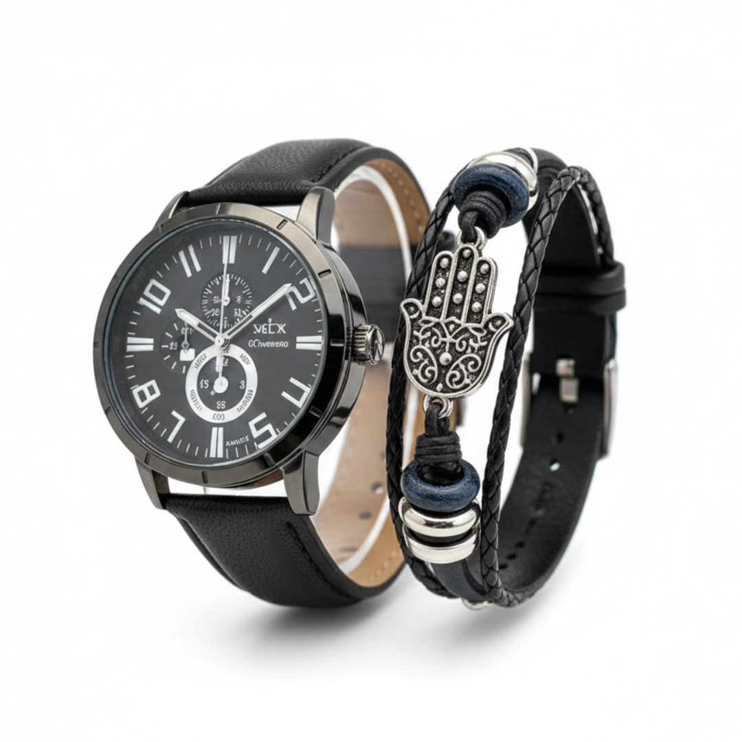 Set de Reloj Analógico y Pulsera de Cuero
