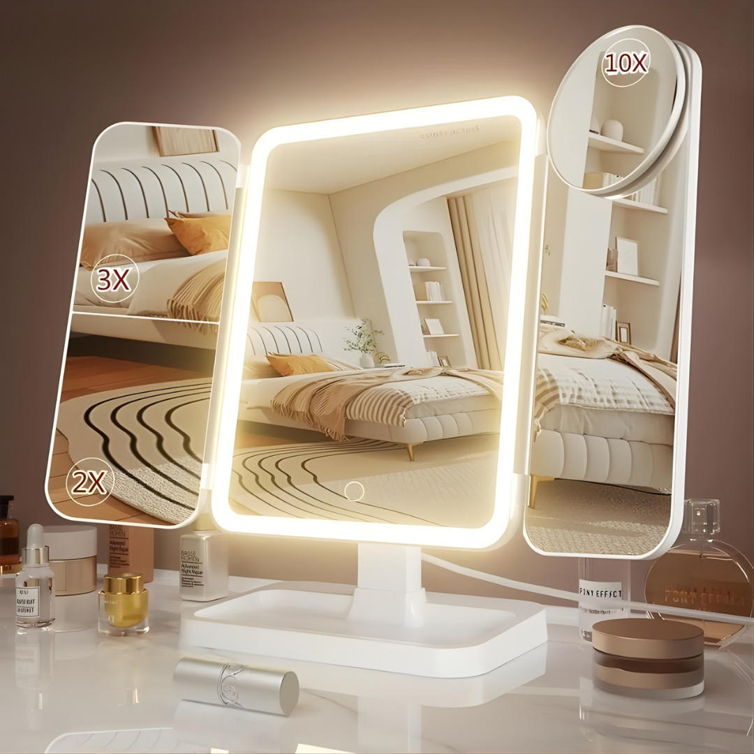 Espejo de Maquillaje LED Plegable con Triple Aumento
