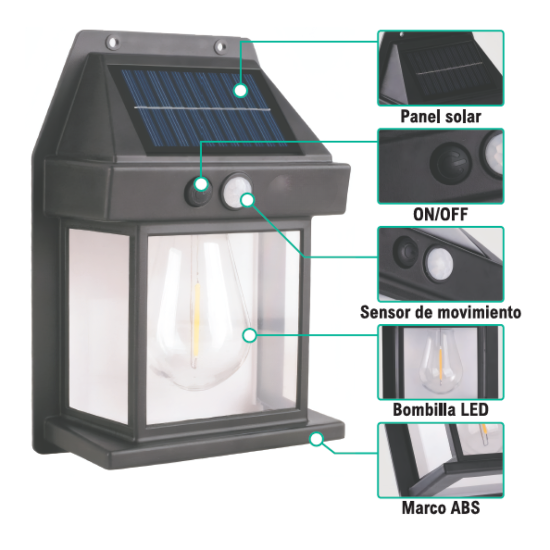 Lámpara solar exterior con sensor de movimiento y carga automática