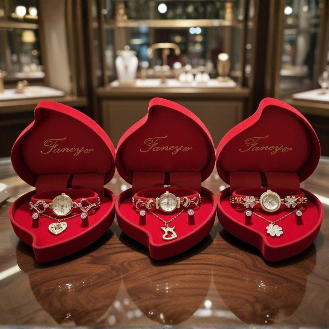 Elegante Conjunto de Joyería Dorada con Estuche de Corazón