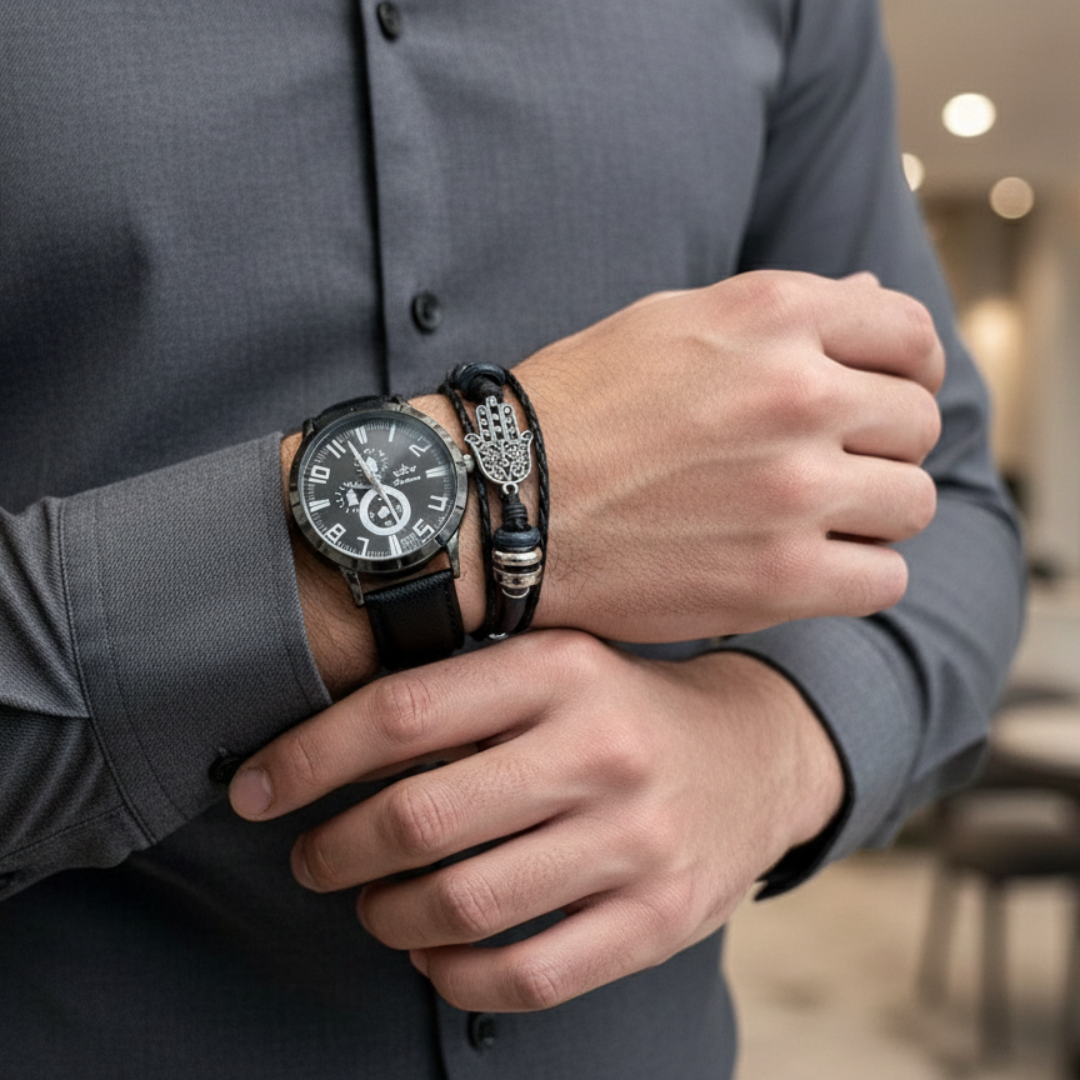Set de Reloj Analógico y Pulsera de Cuero