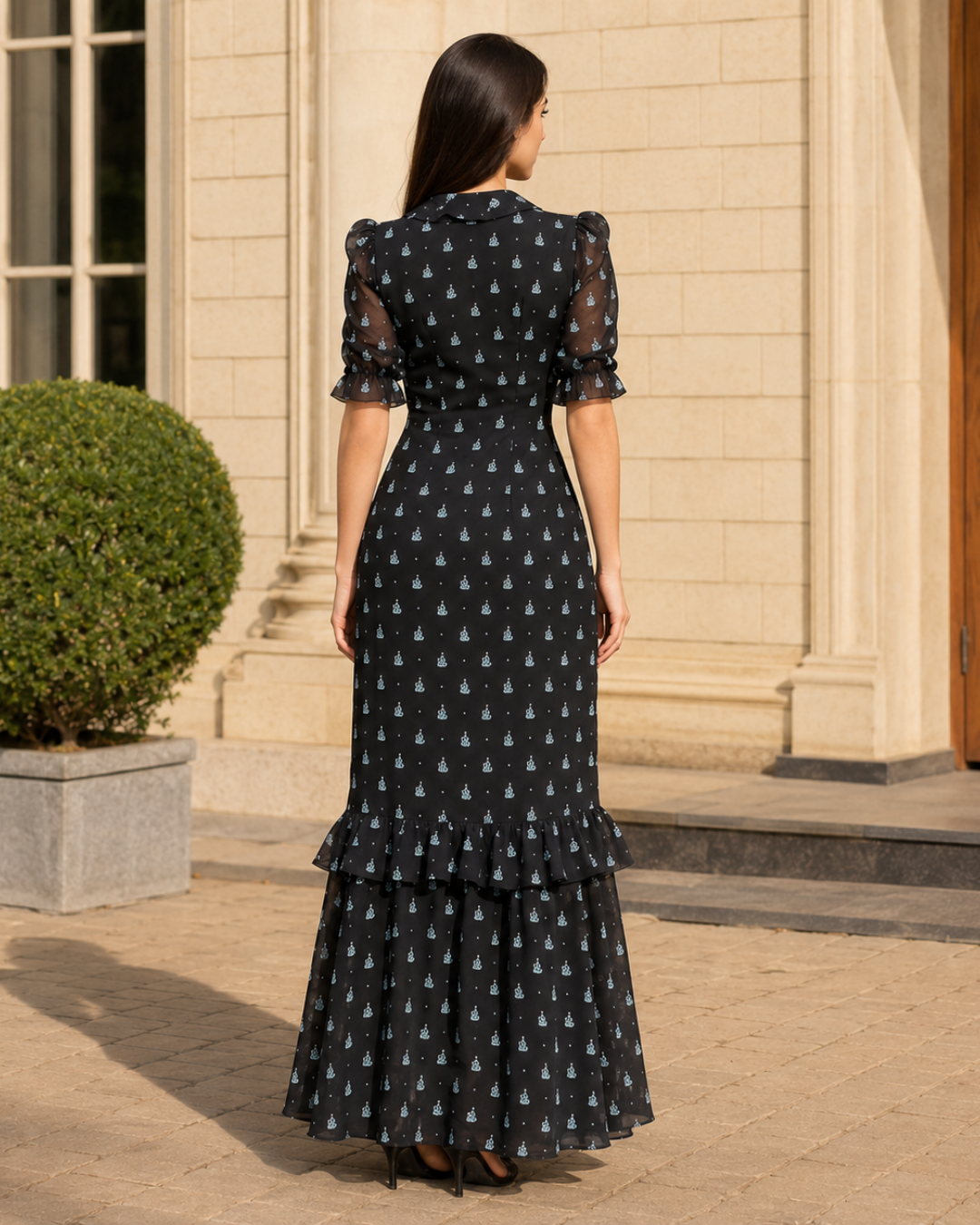 Vestido Largo Estampado con Volantes