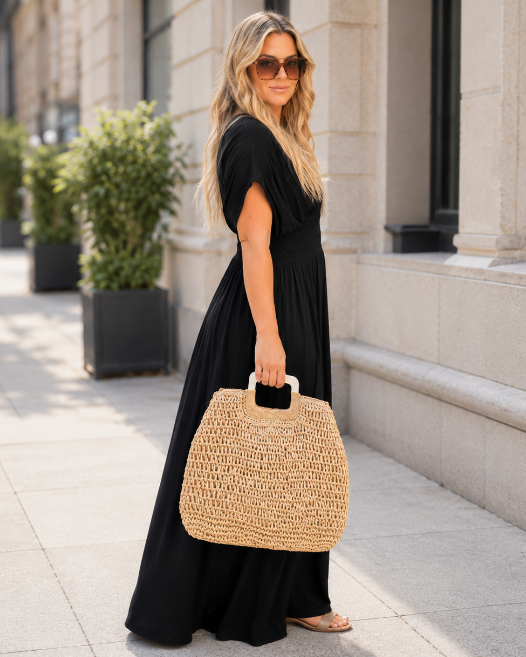 Vestido Maxi Fluido con Cintura Fruncida