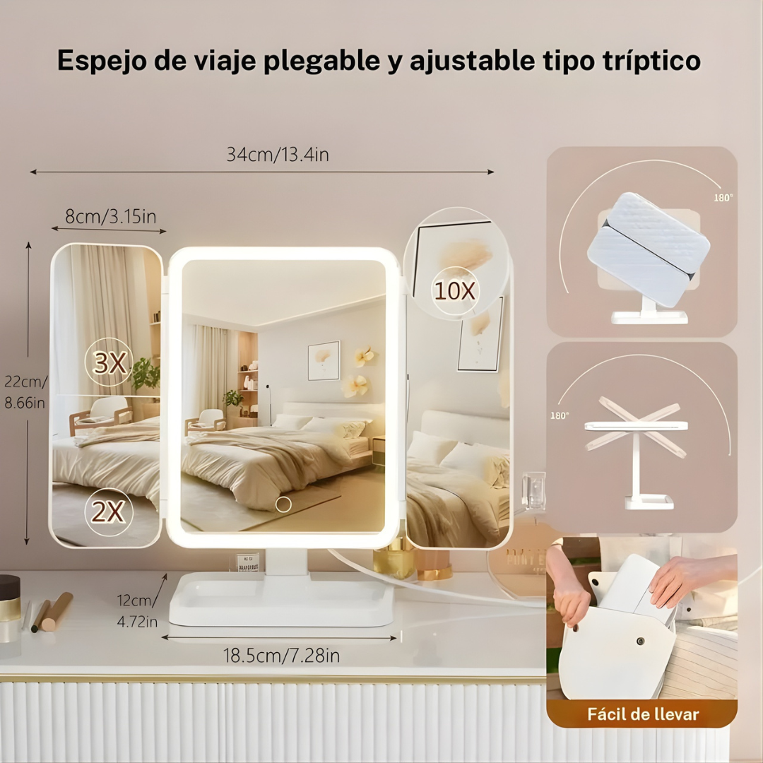 Espejo de Maquillaje LED Plegable con Triple Aumento