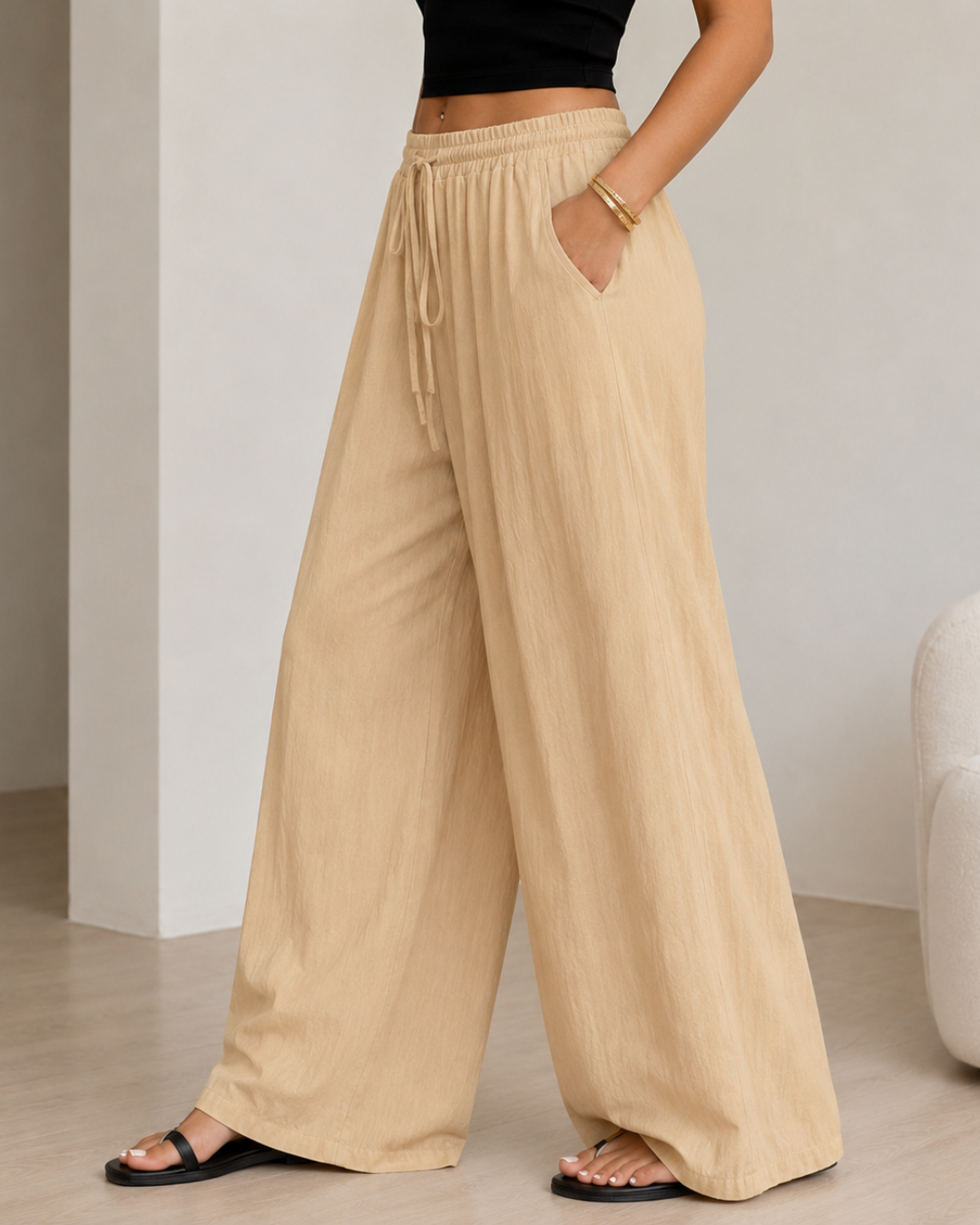Pantalón Amplio Fluido con Cintura Ajustable