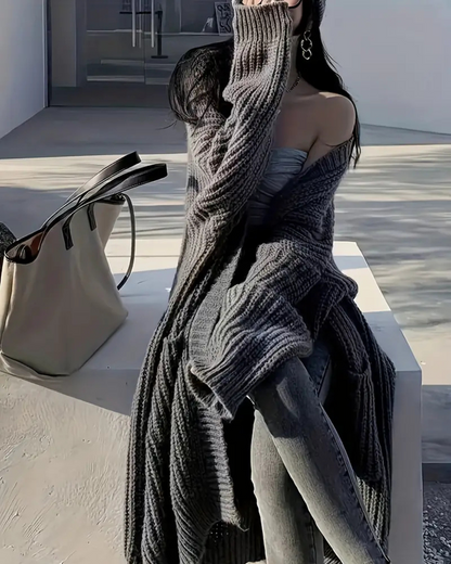 Abrigo largo para mujer con estilo abierto y bolsillos frontales