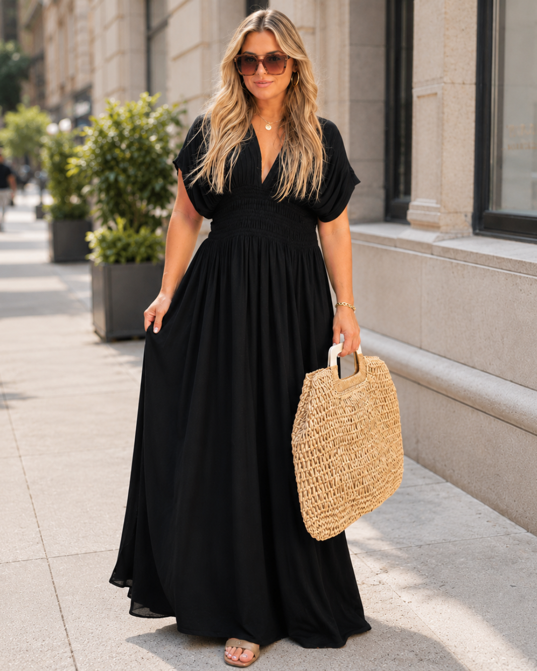 Vestido Maxi Fluido con Cintura Fruncida