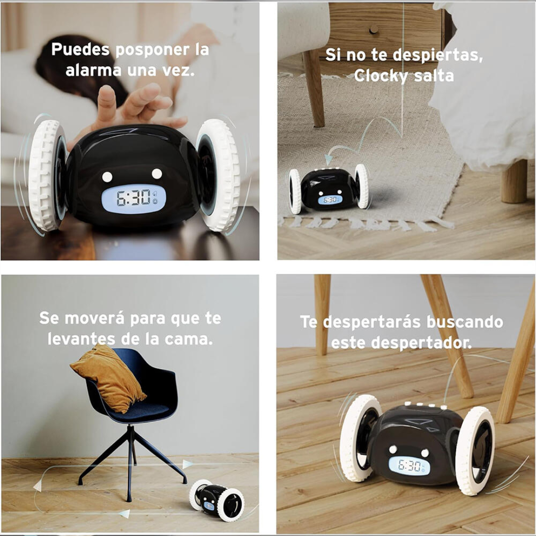Despertador Digital Inteligente con Ruedas Que Corre Sonido Potente Ruidoso