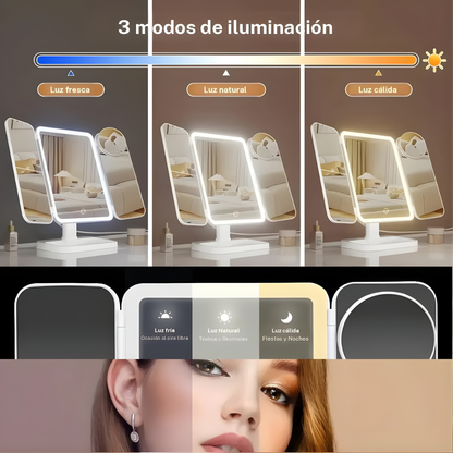 Espejo de Maquillaje LED Plegable con Triple Aumento