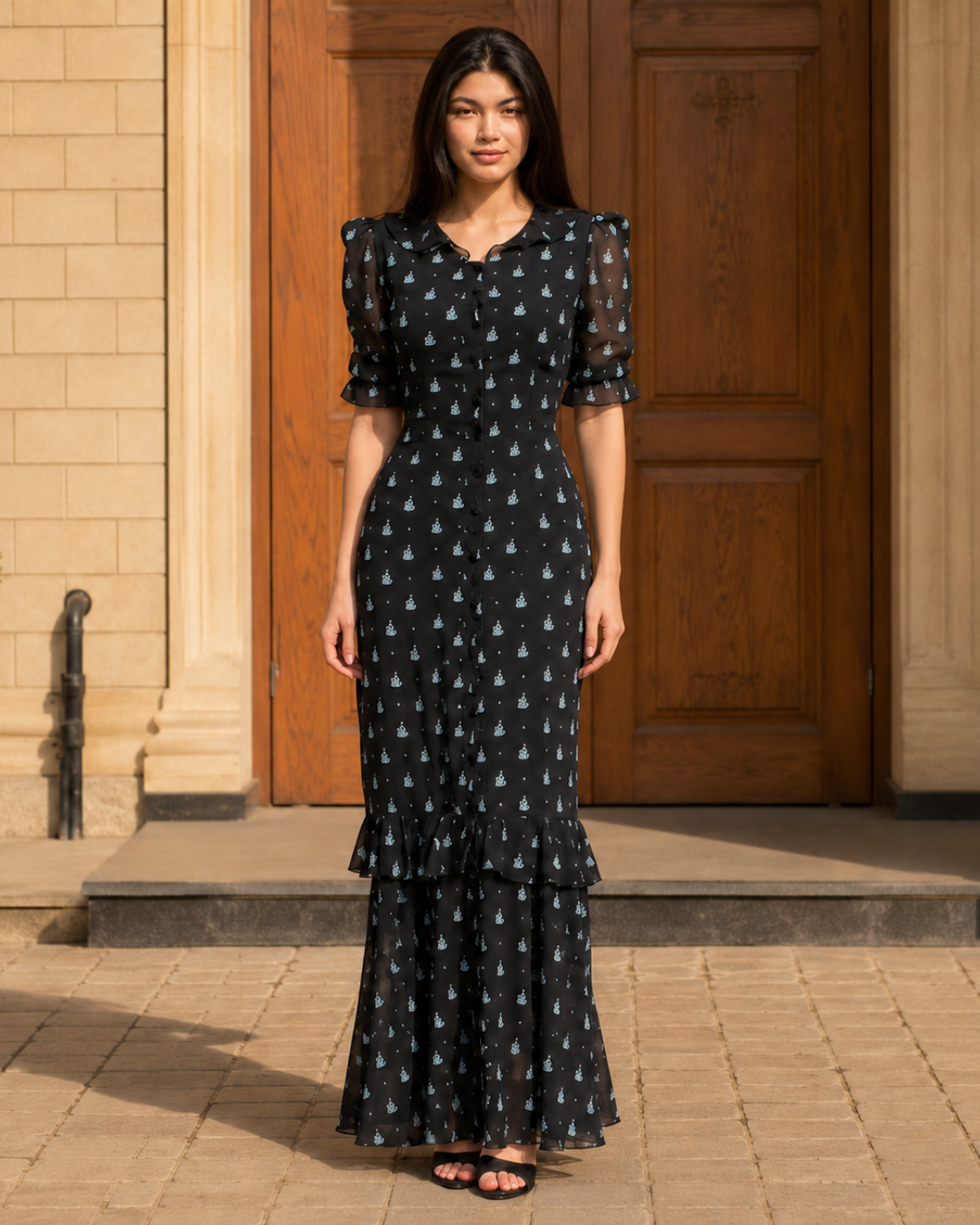Vestido Largo Estampado con Volantes