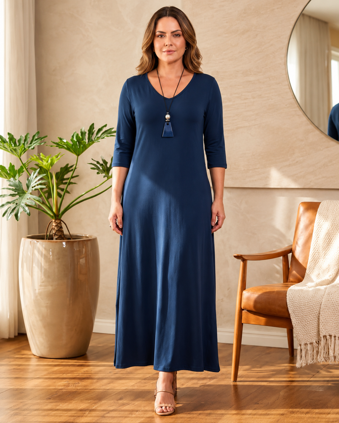 Vestido Midi Holgado con Cuello en V®