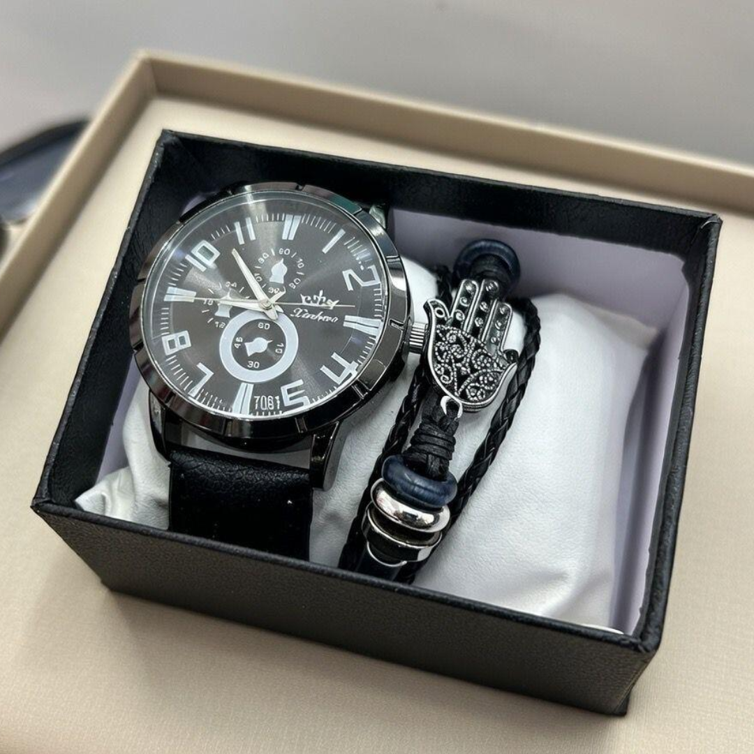 Set de Reloj Analógico y Pulsera de Cuero