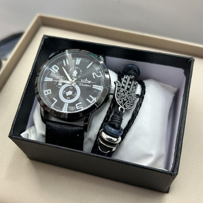 Set de Reloj Analógico y Pulsera de Cuero
