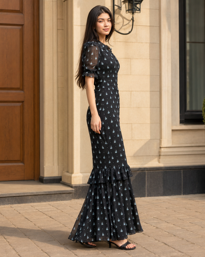 Vestido Largo Estampado con Volantes