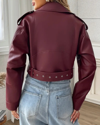 Chaqueta casual de mujer en piel sintética con cinturón ajustable