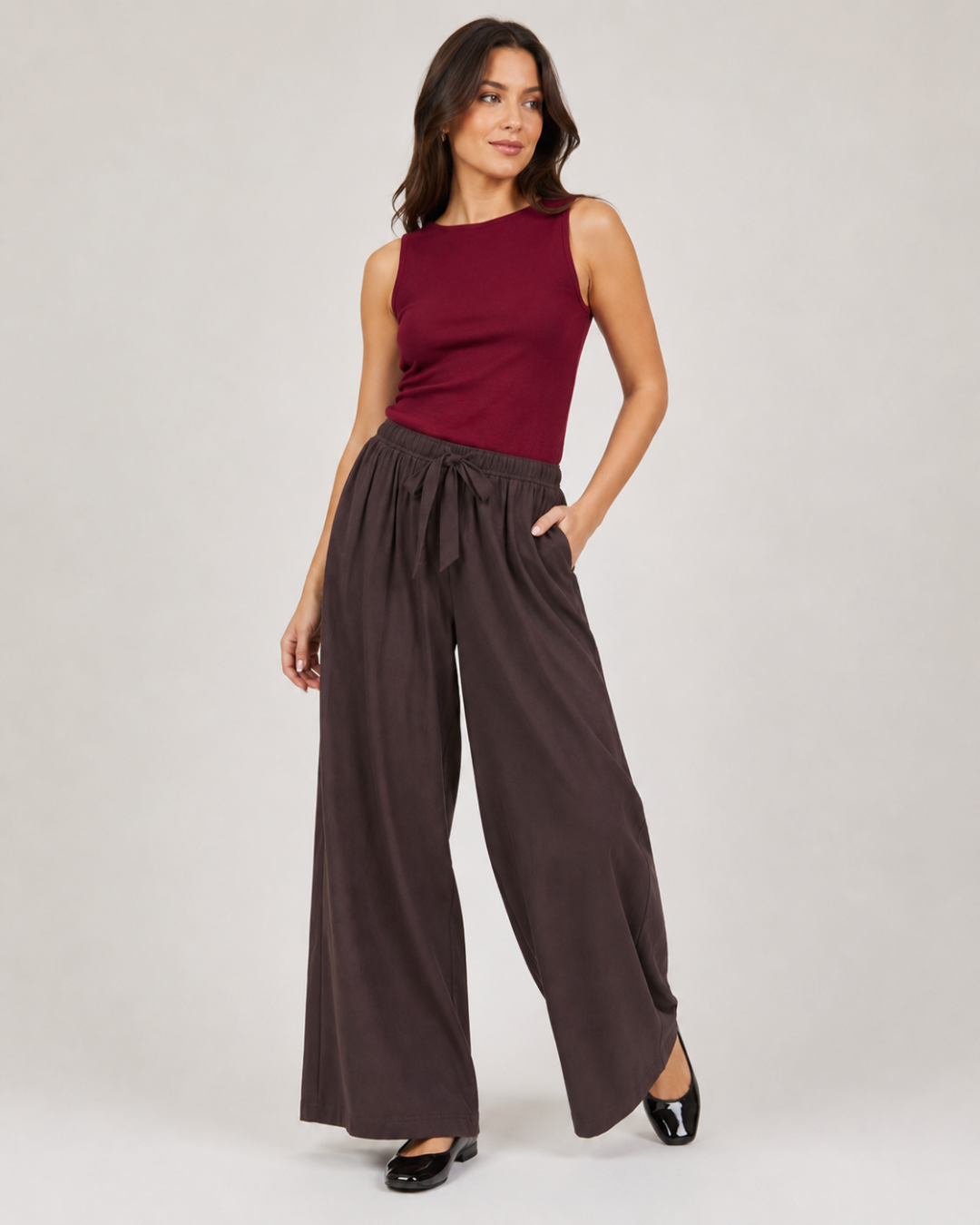 Pantalón Largo Palazzo con Cintura Elástica