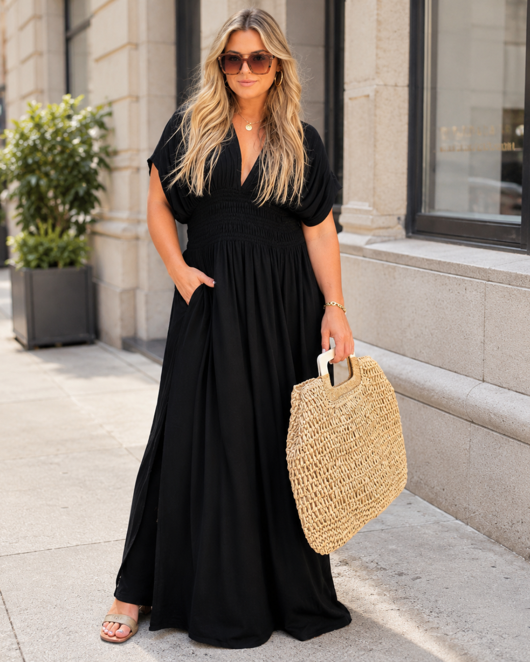 Vestido Maxi Fluido con Cintura Fruncida