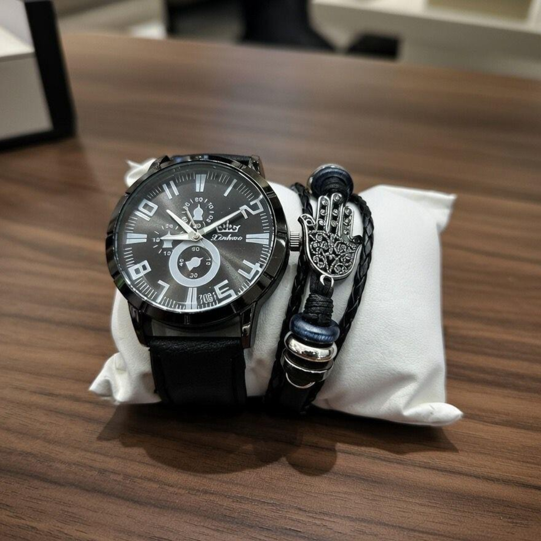 Set de Reloj Analógico y Pulsera de Cuero