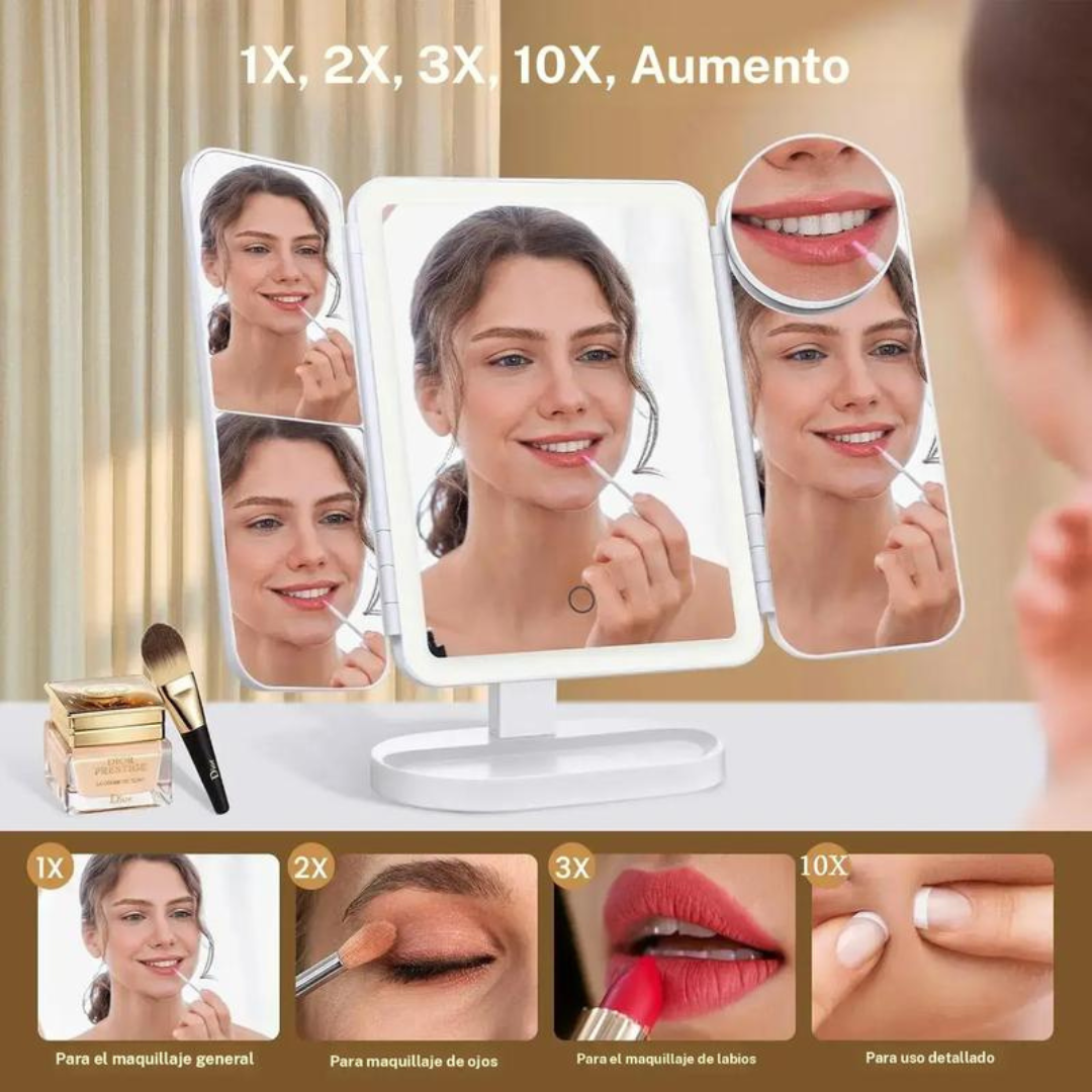 Espejo de Maquillaje LED Plegable con Triple Aumento