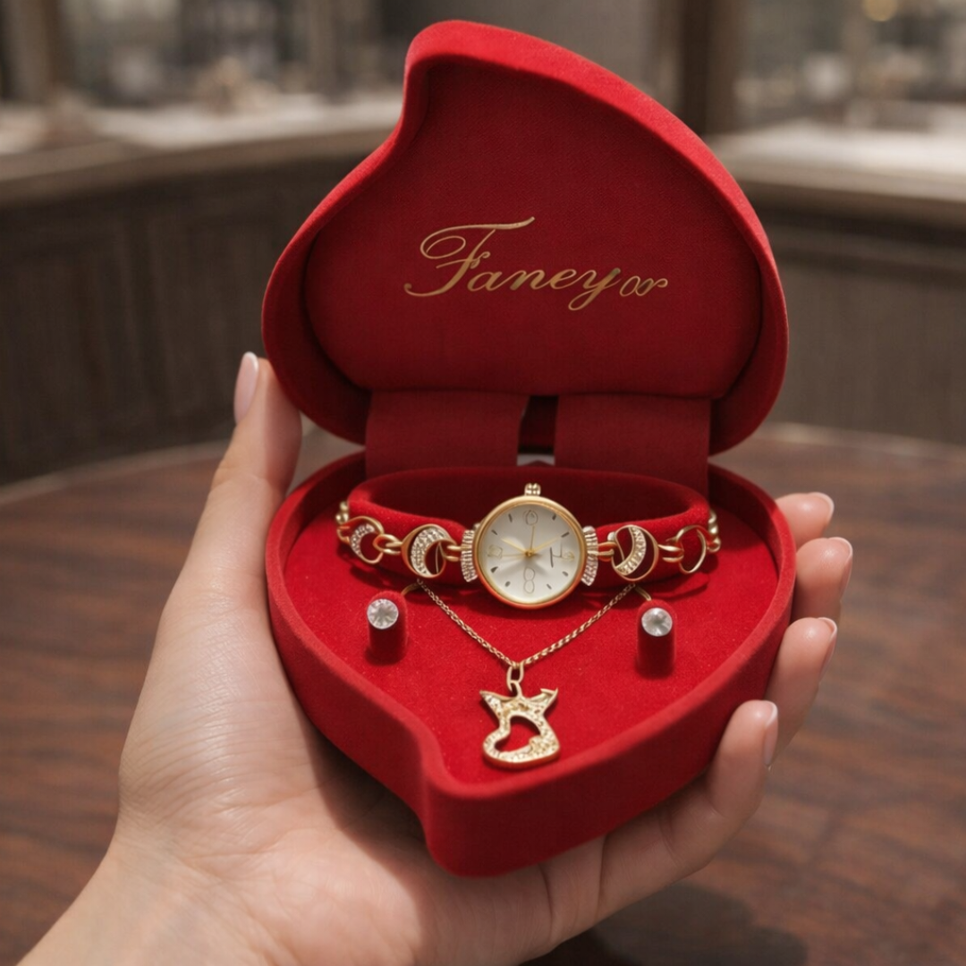 Elegante Conjunto de Joyería Dorada con Estuche de Corazón