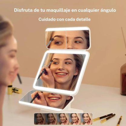 Espejo de Maquillaje LED Plegable con Triple Aumento