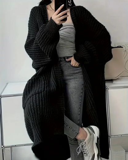 Abrigo largo para mujer con estilo abierto y bolsillos frontales