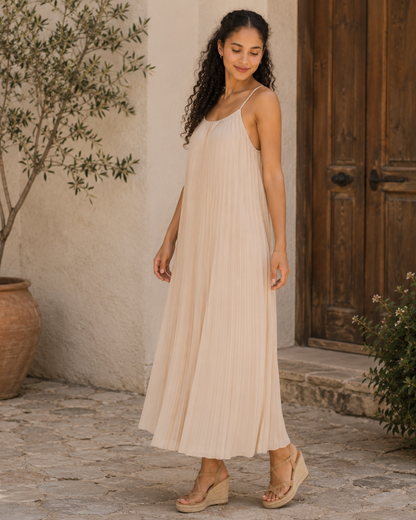 Vestido Largo Plisado de Tirantes