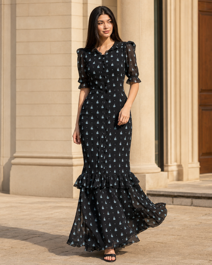 Vestido Largo Estampado con Volantes