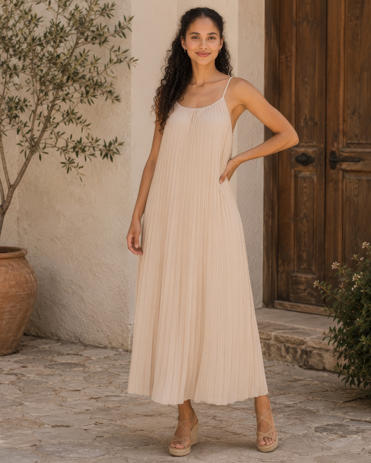 Vestido Largo Plisado de Tirantes