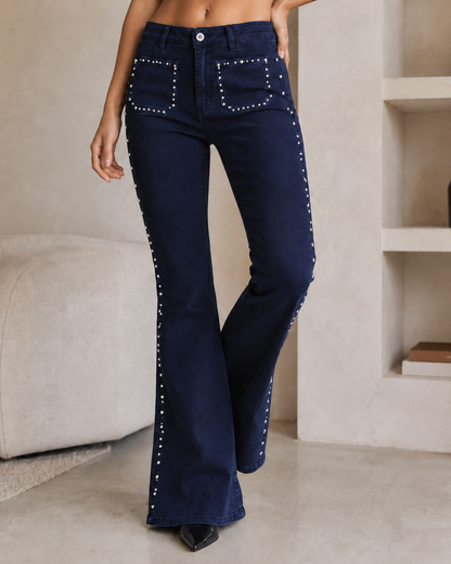 Pantalón Flare de Tiro Alto con Tachas