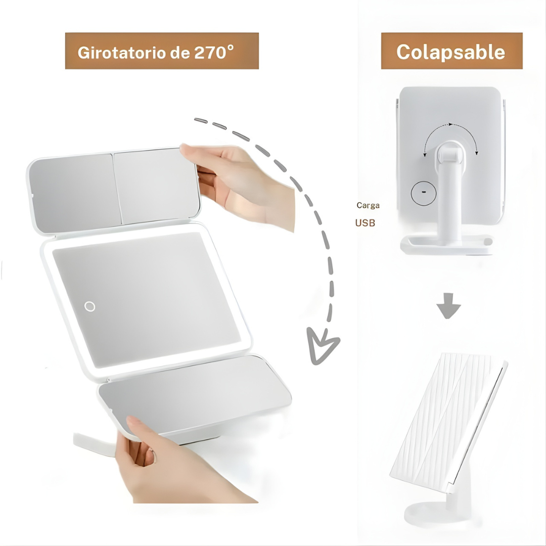 Espejo de Maquillaje LED Plegable con Triple Aumento