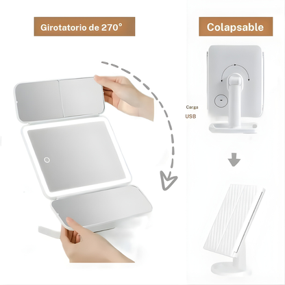 Espejo de Maquillaje LED Plegable con Triple Aumento